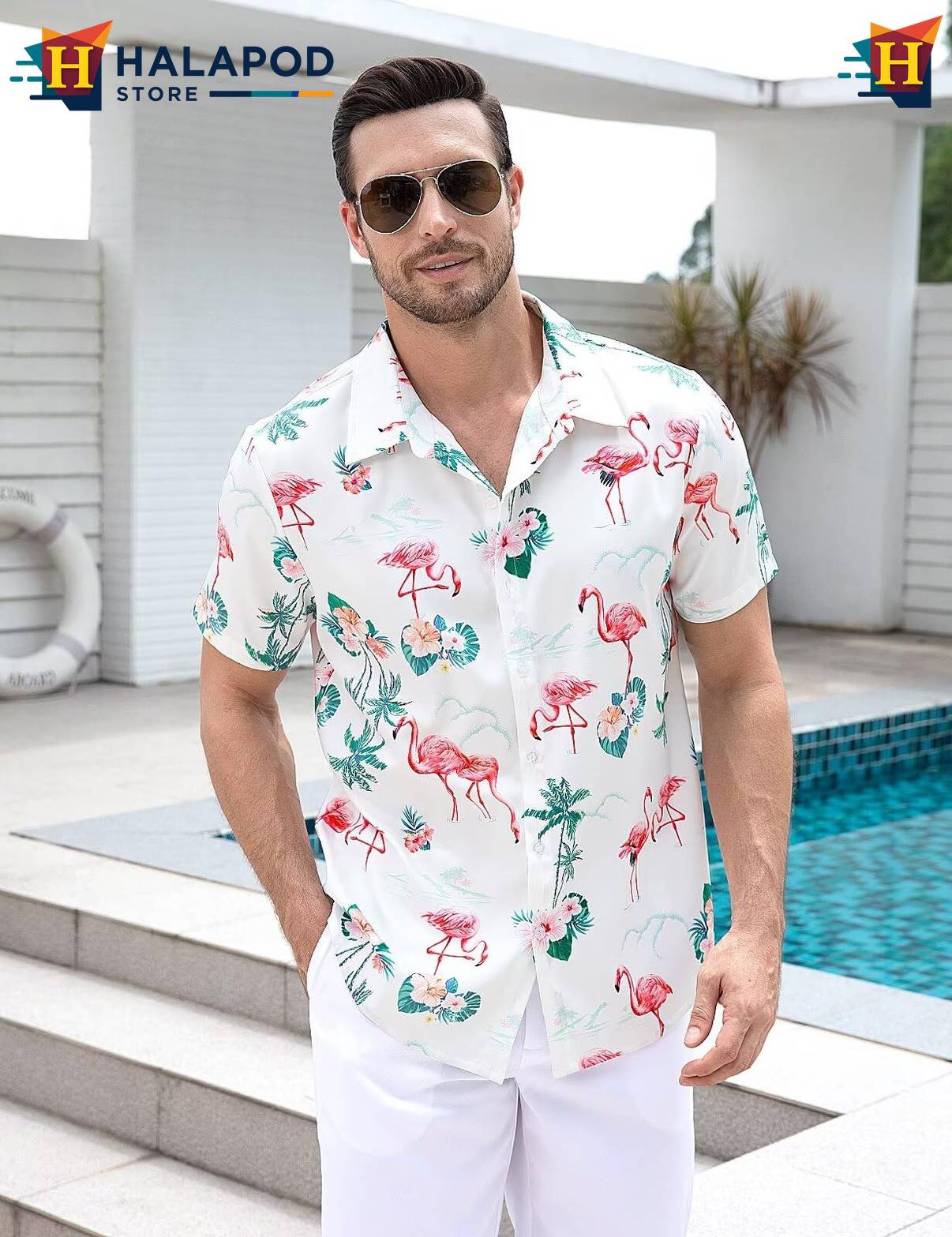 Flamingo White Short-sleeve button-up shirt Mens Tropical Beach Button Down Short Sleeve