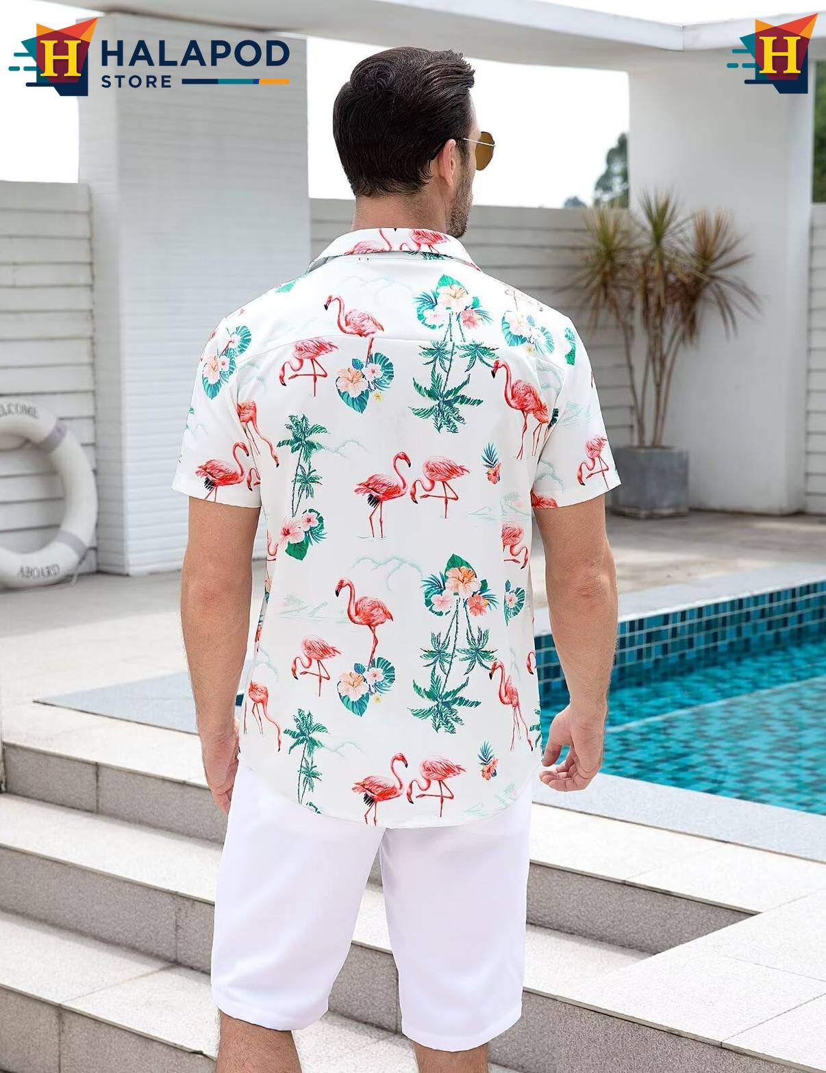 Flamingo White Tropical Shirt Mens Tropical Beach Button Down Short Sleeve