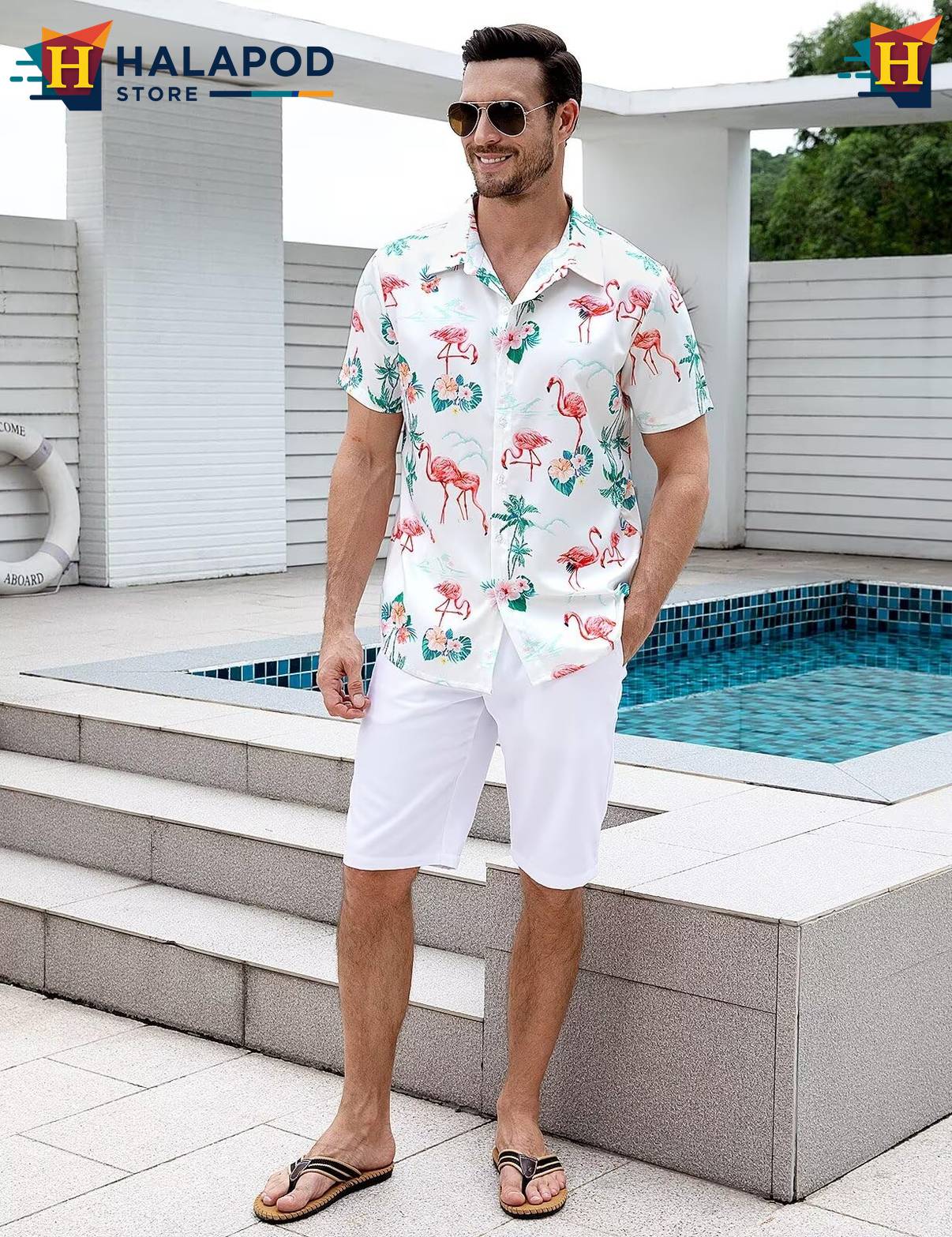 Flamingo White Aloha Shirt Mens Tropical Beach Button Down Short Sleeve