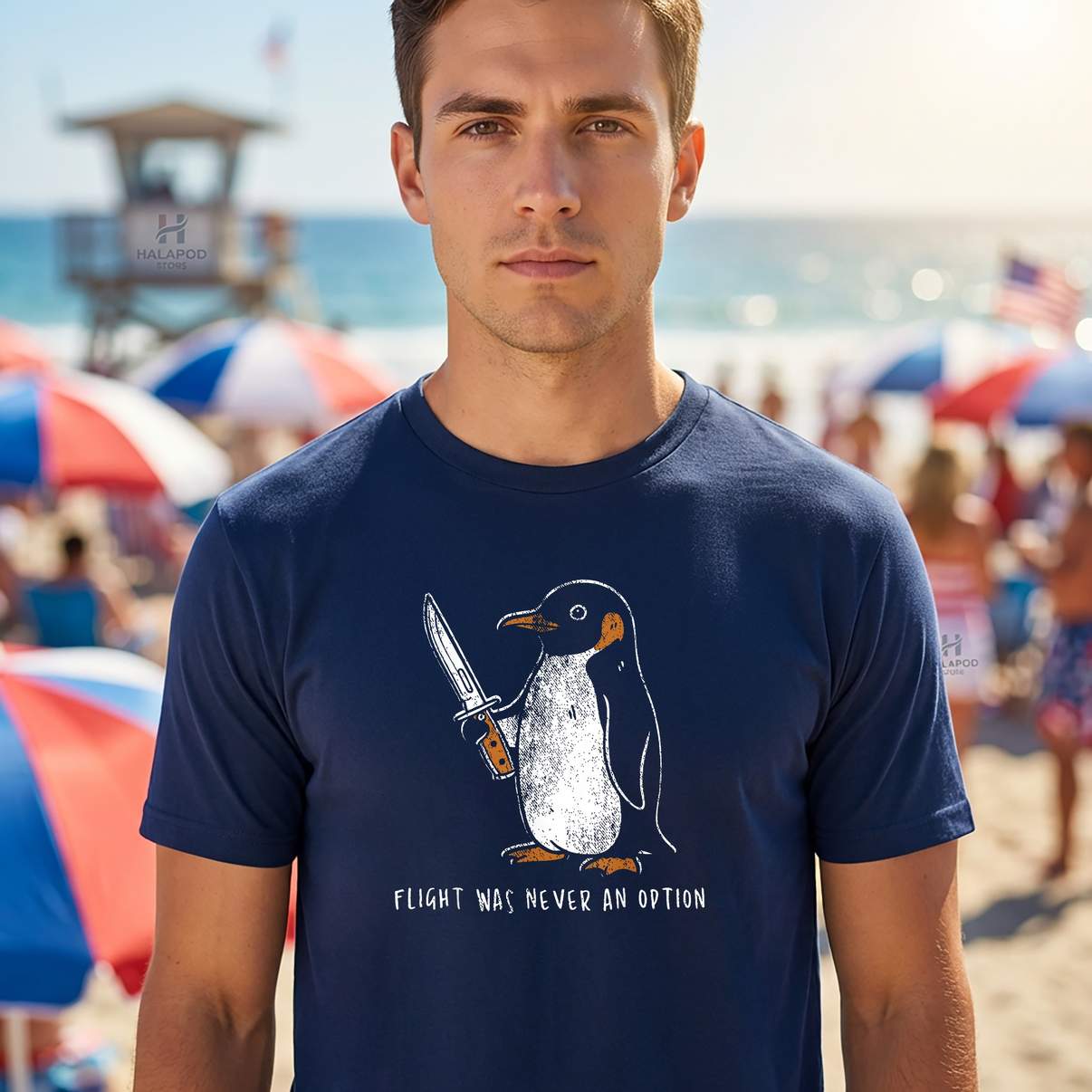 Flight Was Never An Option Tee Shirt Funny Penguin With Knife Graphic Men