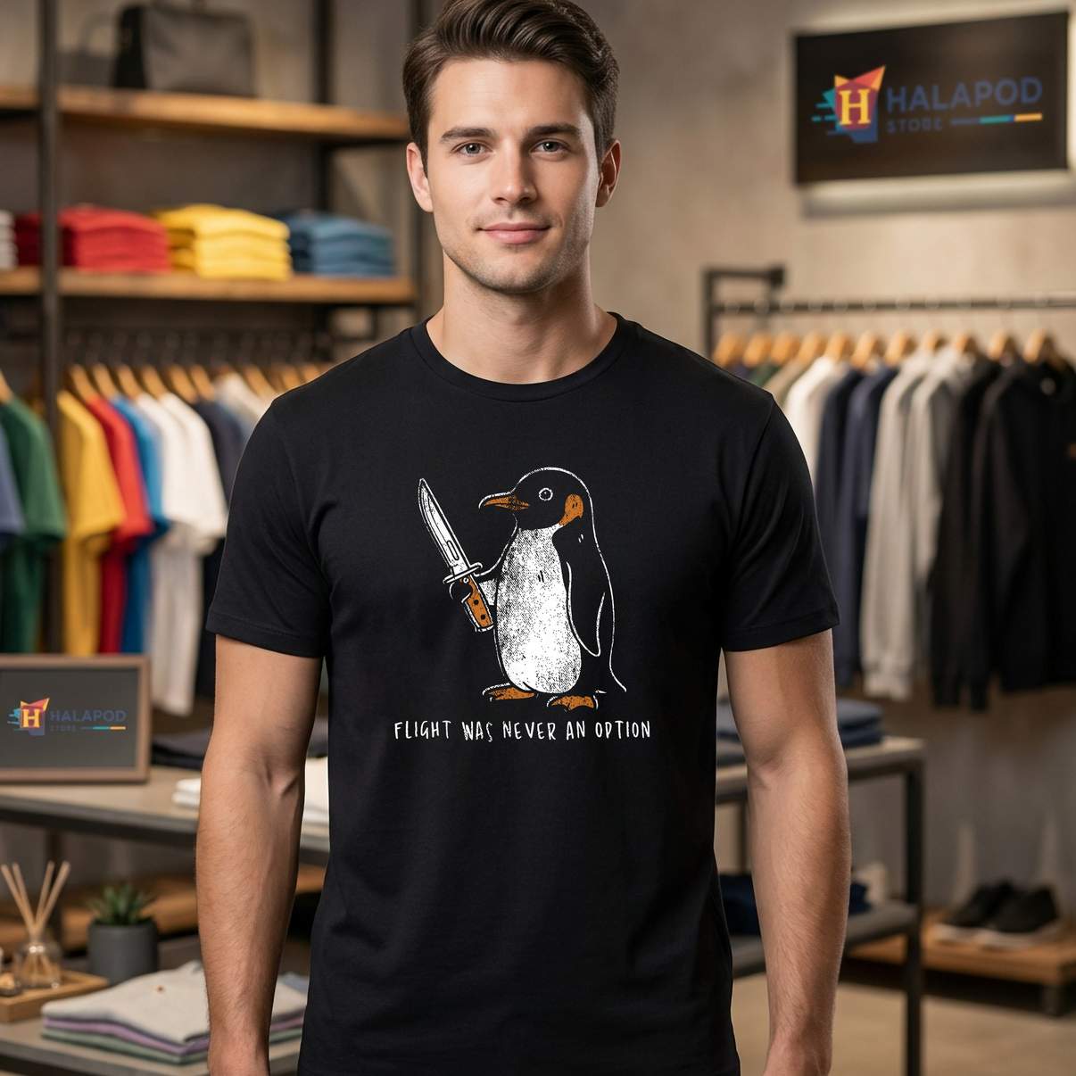 Flight Was Never An Option T-Shirt Funny Penguin With Knife Graphic Men