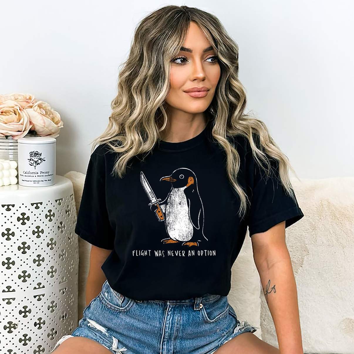 Flight Was Never An Option TShirt Funny Penguin With Knife Graphic Men