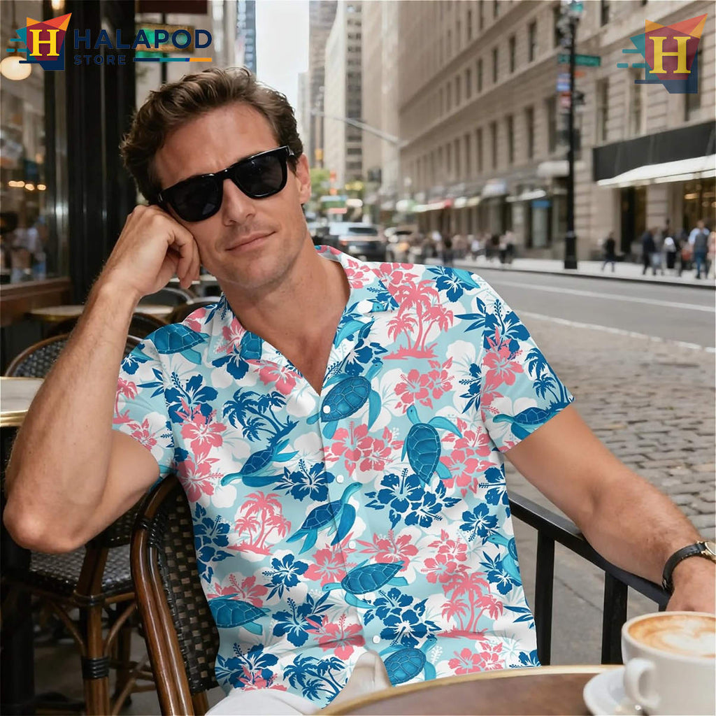 Floral Sea Turtle Hawaiian Shirt Funny Tropical Holiday Summer Graphic Shirt