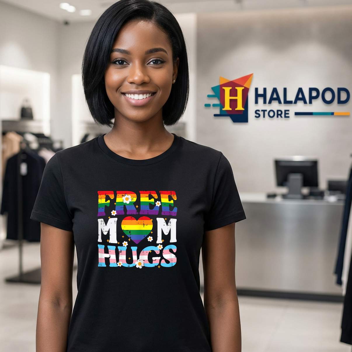 Free Mom Hugs Gay Pride Tee Shirt Month LGBTQ Ally Trans Funny Graphic For Womens