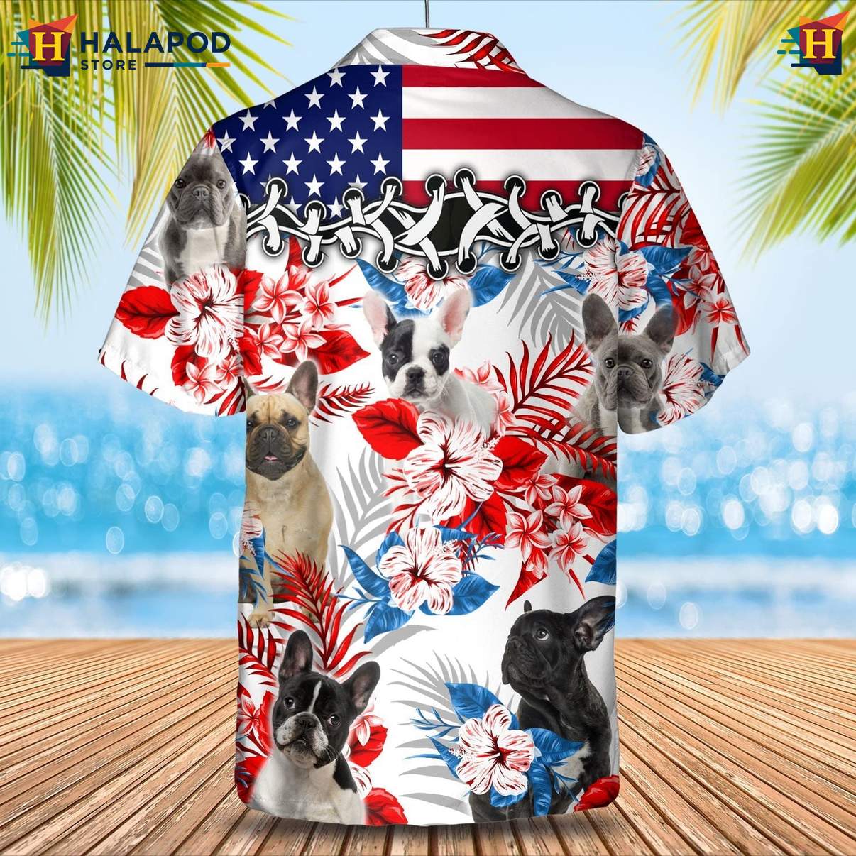 French Bulldog Dog Short-sleeve button-up shirt Tropical Leaf Aloha Button Down Clothing