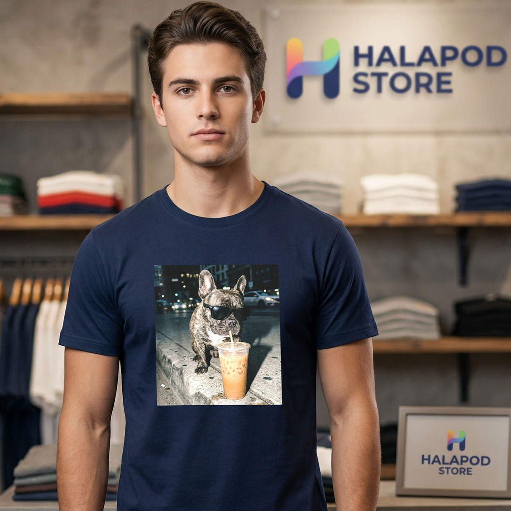 French Bulldog Iced Coffee Meme Shirt Funny Dog Humor Graphic Casual Mens