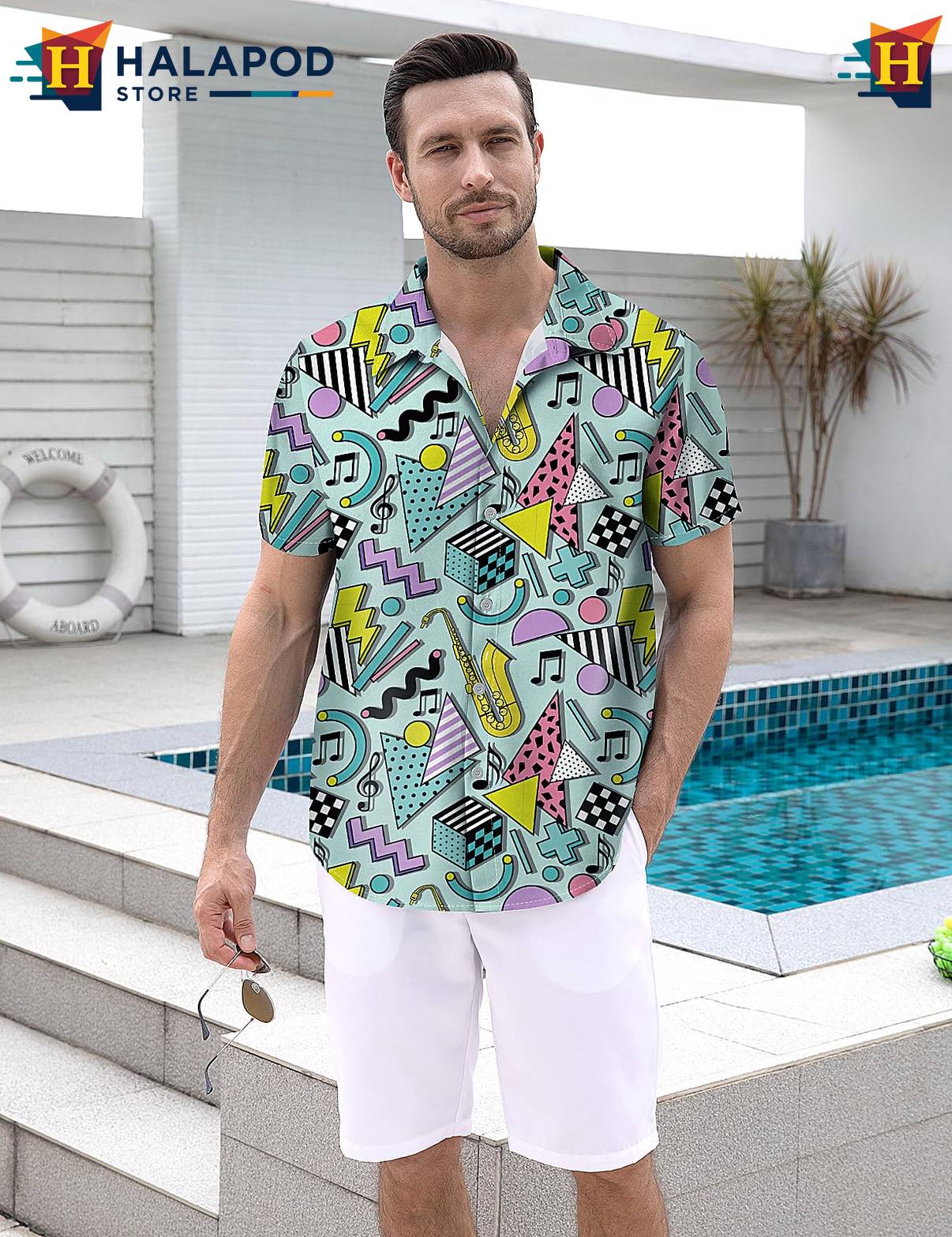 Freshgreen Geometric Short-sleeve button-up shirt Mens Tropical Beach Button Down Apparel