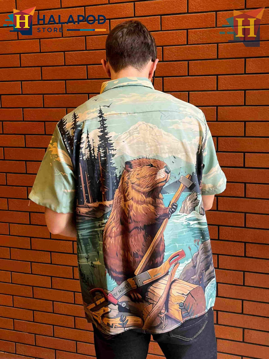 Funny Beaver Hawaiian Shirt Bold Graphic Tropical Casual Beach Mens Shirt