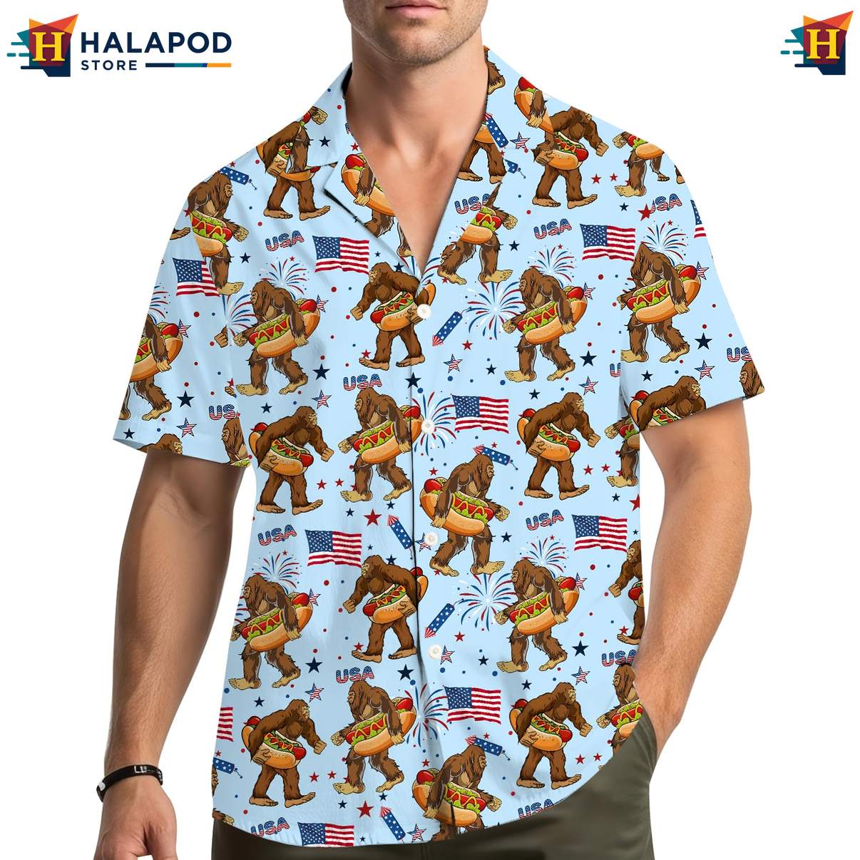 Funny Bigfoot Aloha Shirt, Patriotic Short Sleeve Button Down For 4th Of July Celebrations