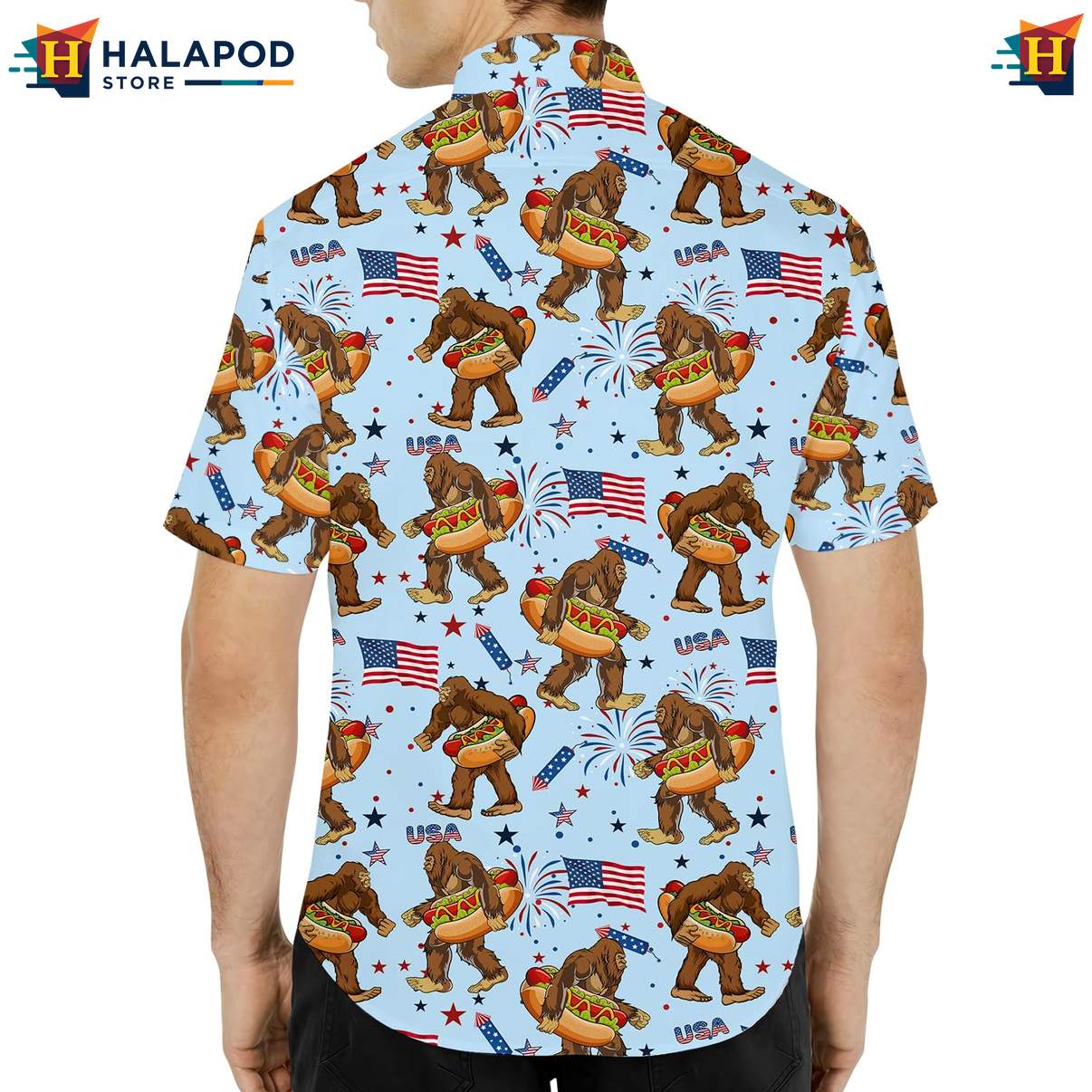 Funny Bigfoot Aloha Tee Shirt, Patriotic Short Sleeve Button Down For 4th Of July Celebrations