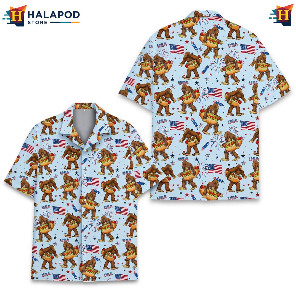 Funny Bigfoot Aloha T-Shirt, Patriotic Short Sleeve Button Down For 4th Of July Celebrations