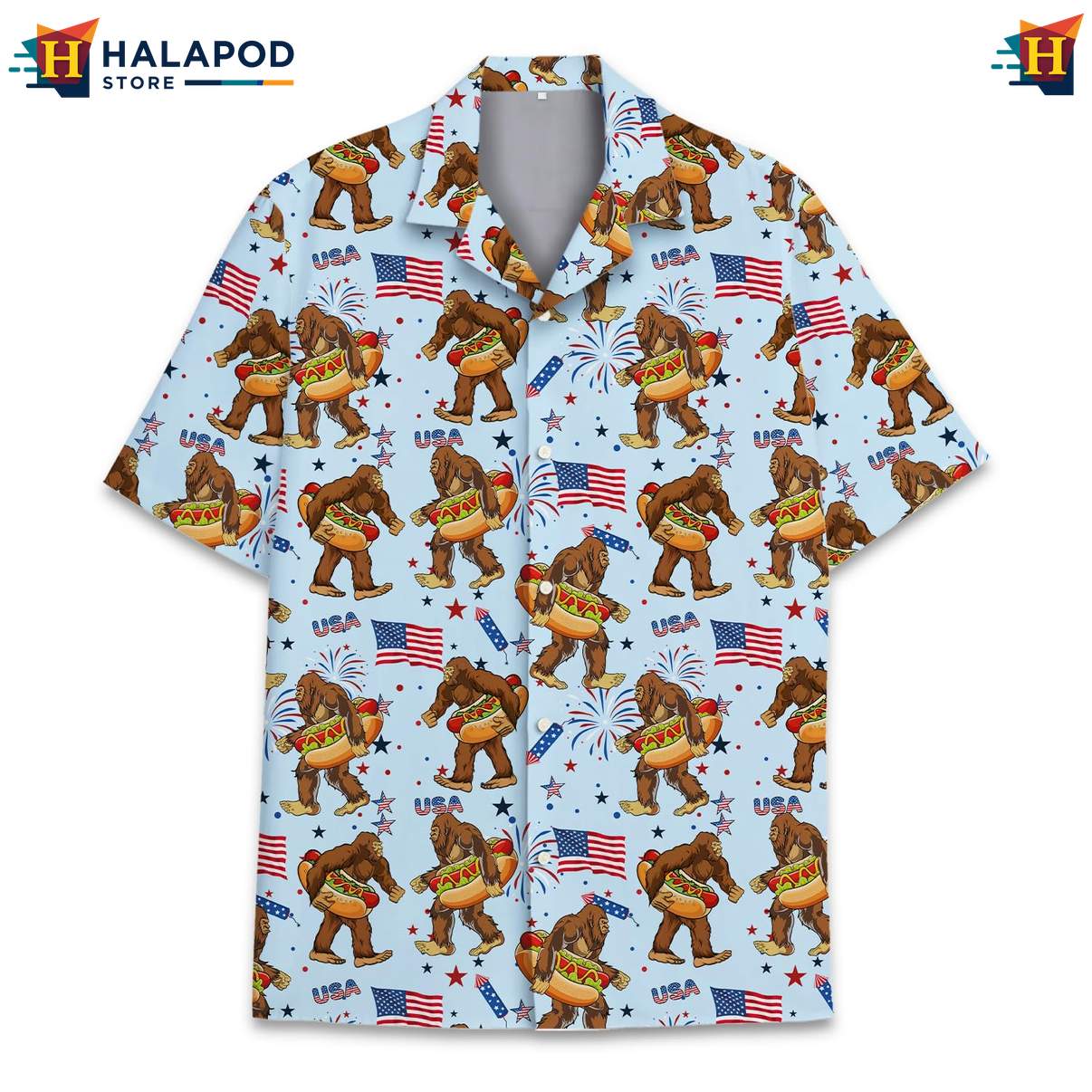 Funny Bigfoot Aloha TShirt, Patriotic Short Sleeve Button Down For 4th Of July Celebrations