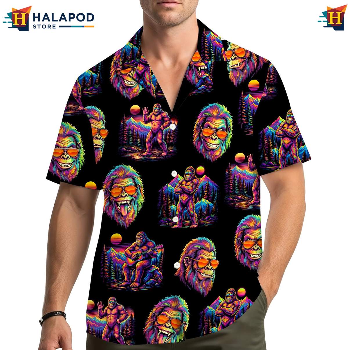 Funny Bigfoot Aloha Shirt, Vibrant Black Neon Summer Shirt For Outdoor Fun