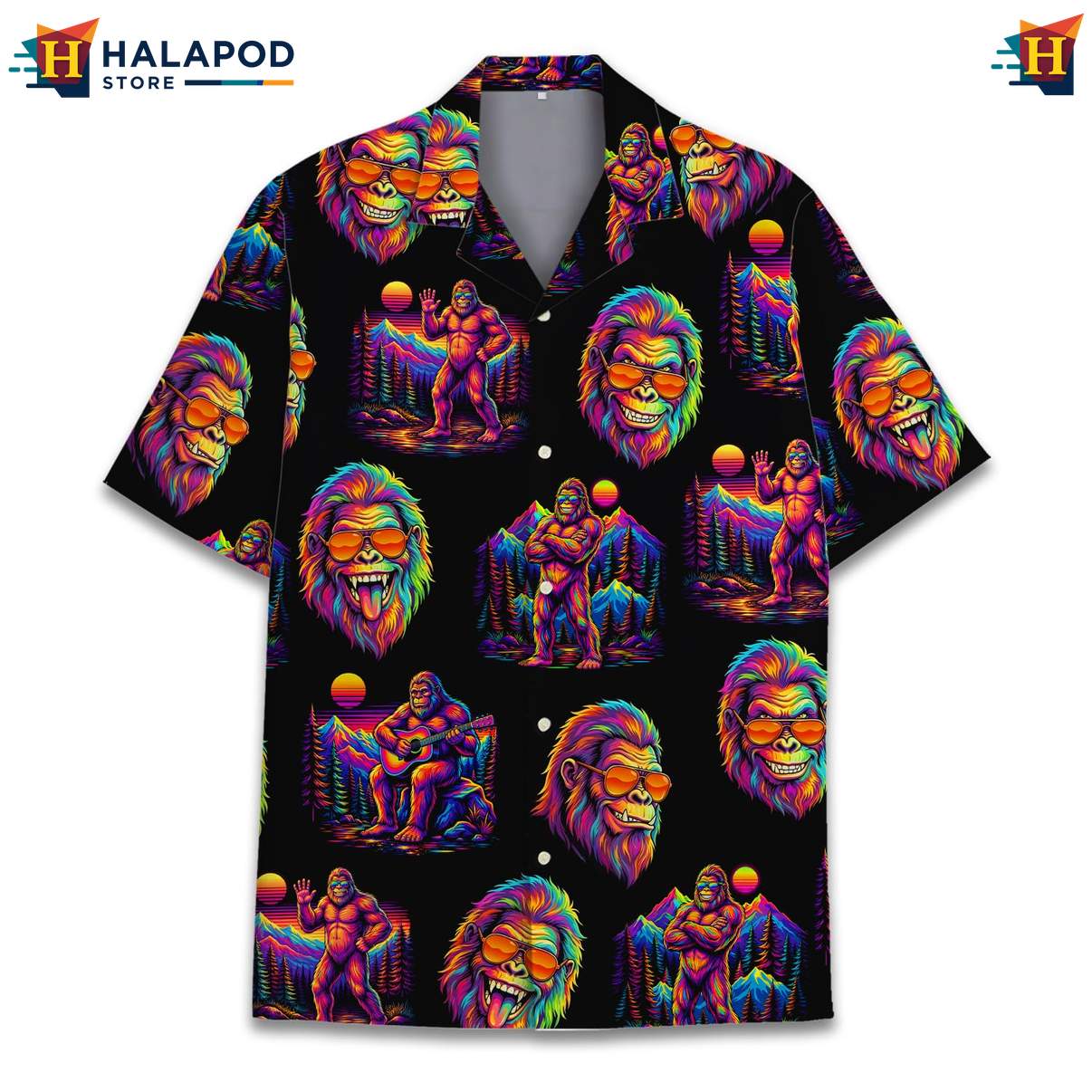Funny Bigfoot Aloha TShirt, Vibrant Black Neon Summer Shirt For Outdoor Fun