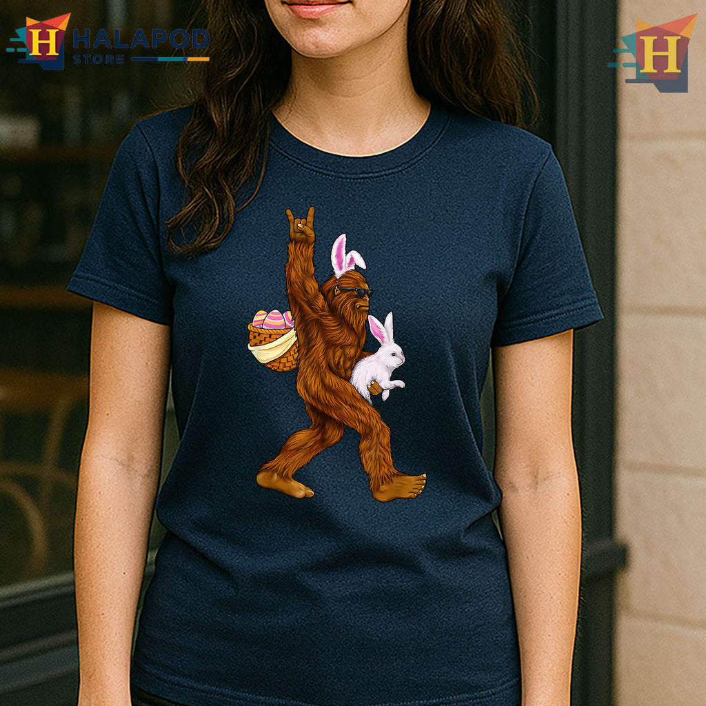 Funny Bigfoot Rock On Bunny Graphic Funny Easter Shirts For Men Boys