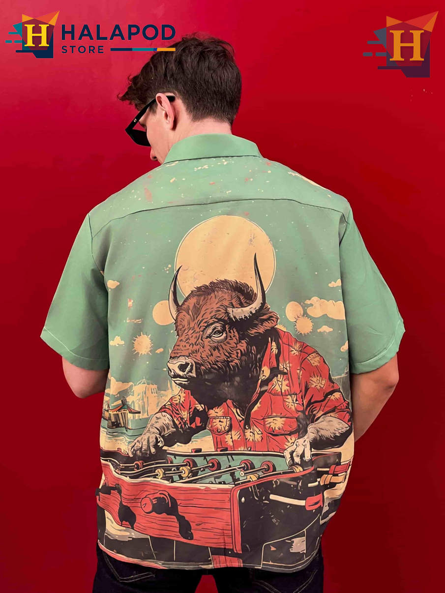 Funny Bison Hawaiian Shirt Bold Graphic Tropical Casual Beach Summer Shirt