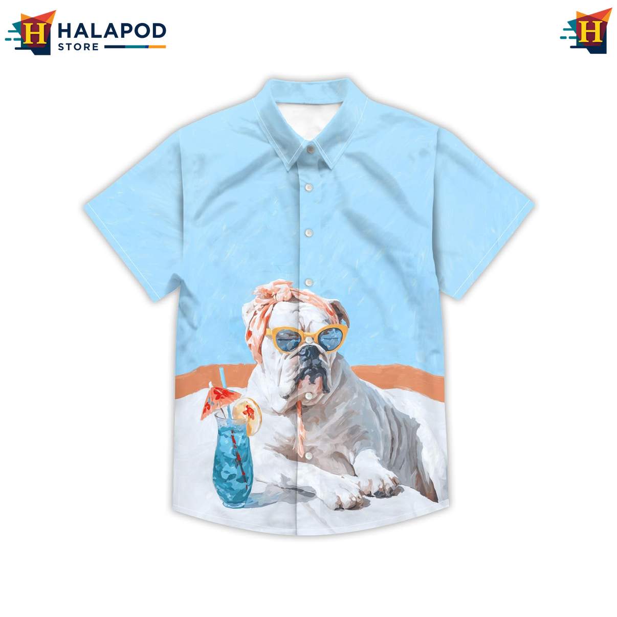 Funny Bulldog Mens Retro Short-sleeve button-up shirt Graphic Aloha Summer Party Shirts