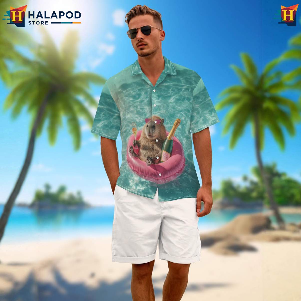 Funny Capybara Mens Retro Hawaiian Shirt Graphic Aloha Summer Beach Tops