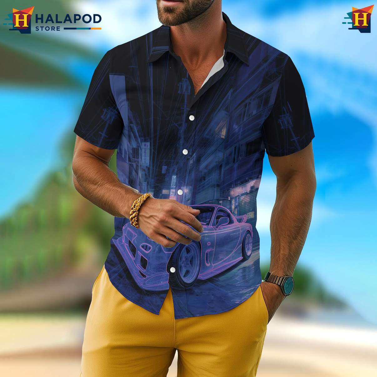 Funny Car Mens Retro Aloha Short-sleeve button-up shirt Graphic Summer Vacation Apparel