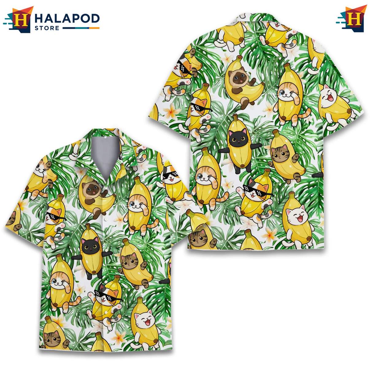 Funny Cat Banana Short-sleeve button-up shirt, Cute Cats Tropical Button Down Summer Shirt