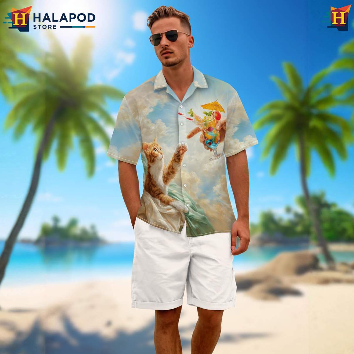 Funny Cat Mens Retro Aloha Hawaiian Shirt Graphic Summer Vacation Apparel