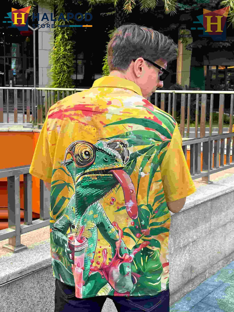 Funny Chameleon Hawaiian Shirt Bold Graphic Tropical Casual Beach Mens Shirt