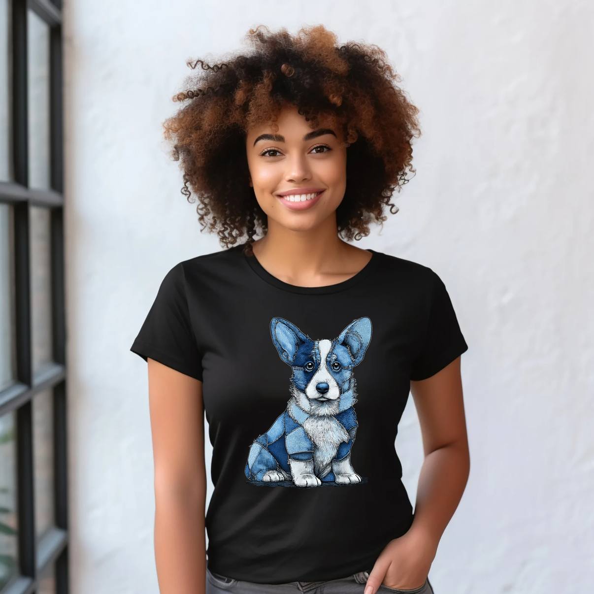 Funny Corgi Dog Blue Denim Shirt Patchwork Graphic Animal Apparel Mens