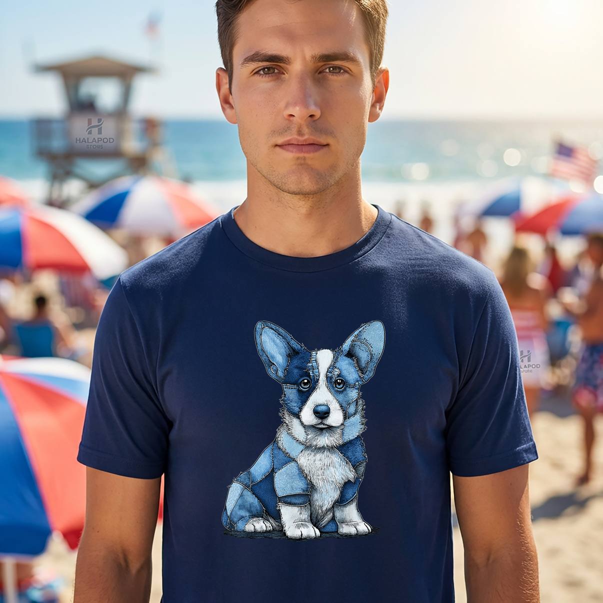Funny Corgi Dog Blue Denim Tee Shirt Patchwork Graphic Animal Apparel Mens