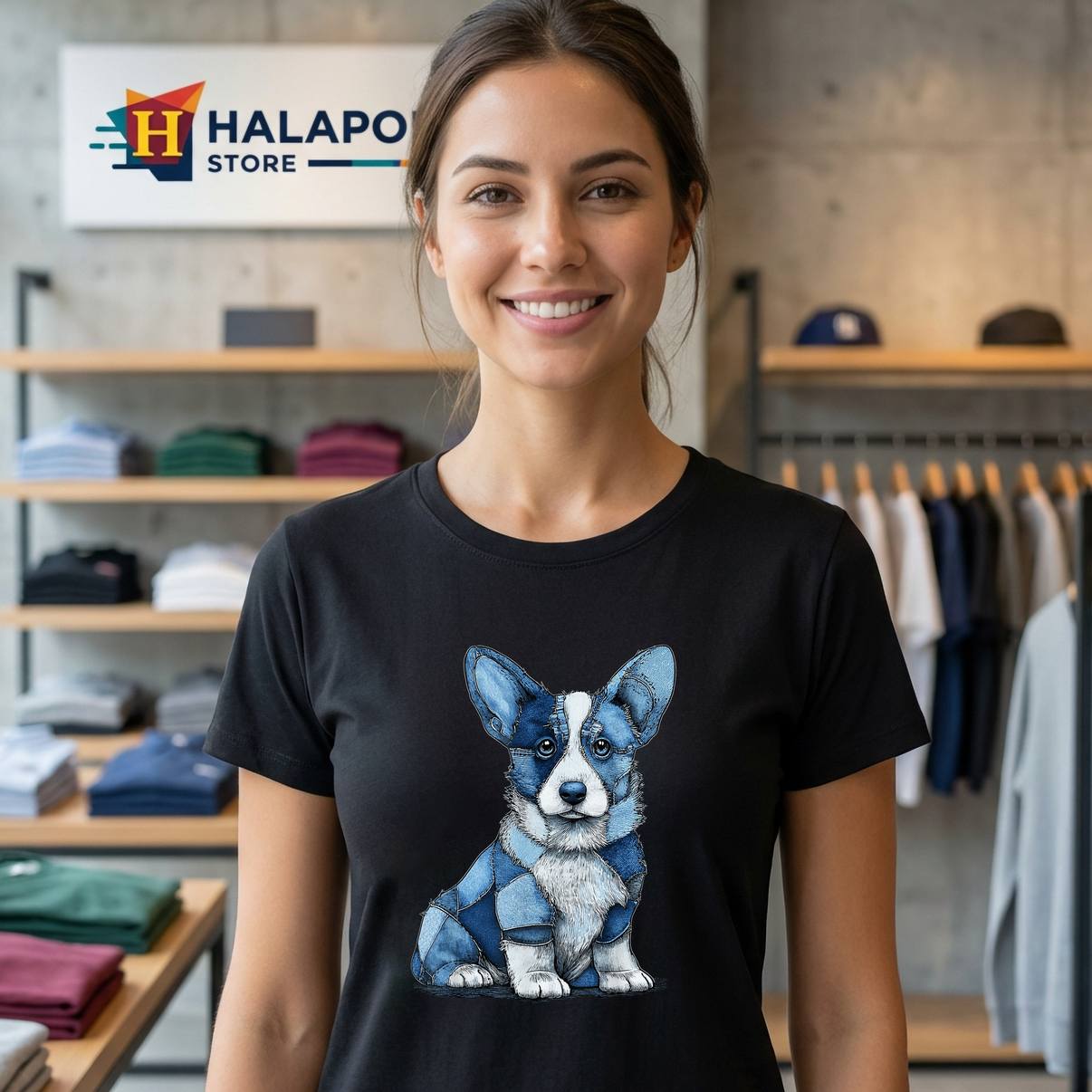 Funny Corgi Dog Blue Denim T-Shirt Patchwork Graphic Animal Apparel Mens