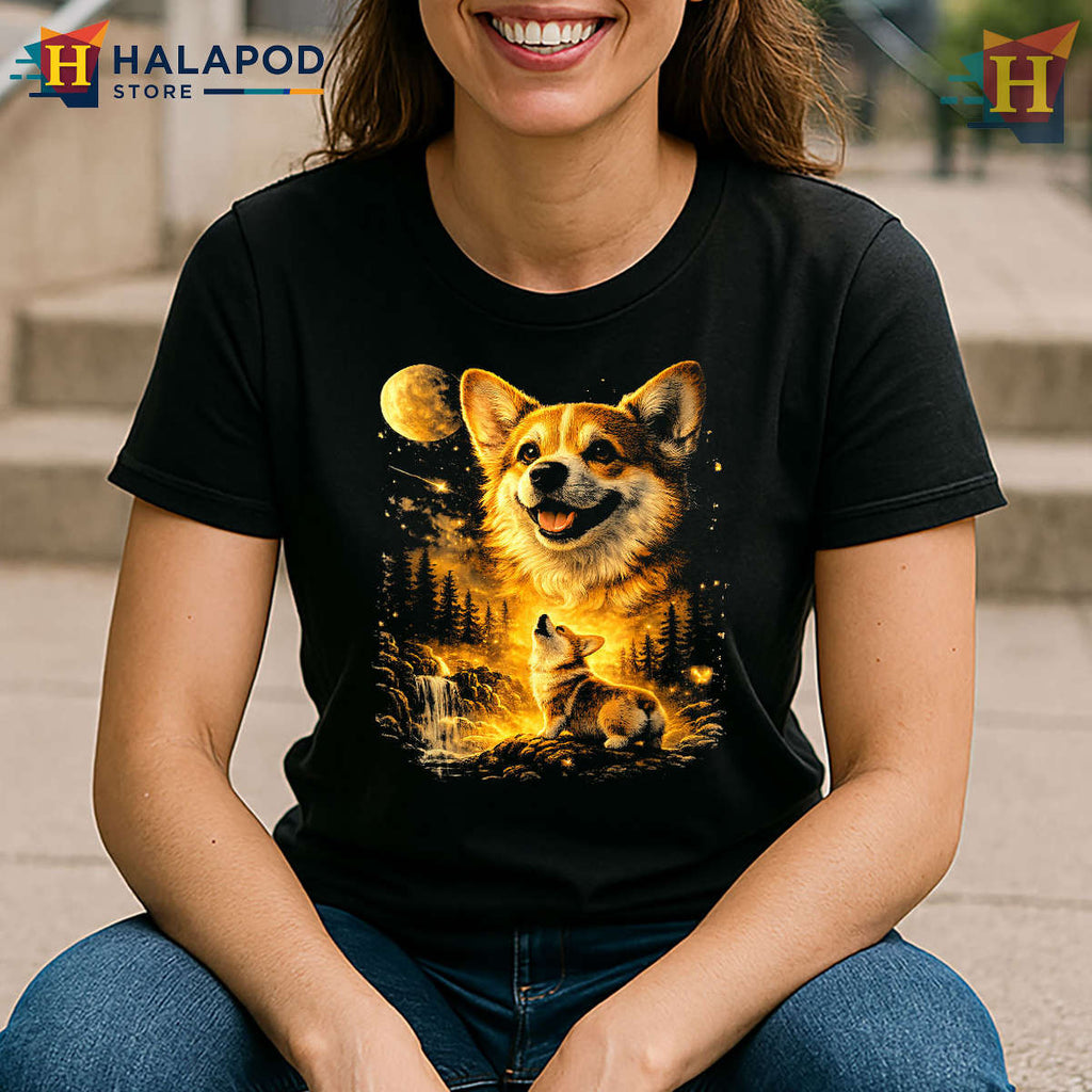 Funny Corgi Howling Moon Shirt Vintage Mystical Dog Art Graphic Tee