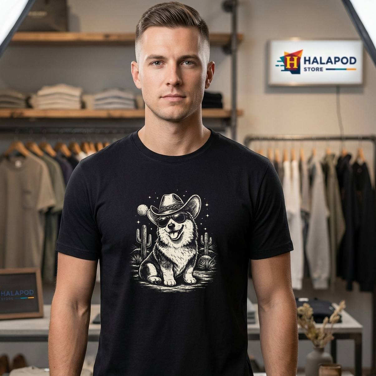 Funny Cowboy Corgi Desert Moon Tee Shirt Western Dog Humor Graphic For Mens