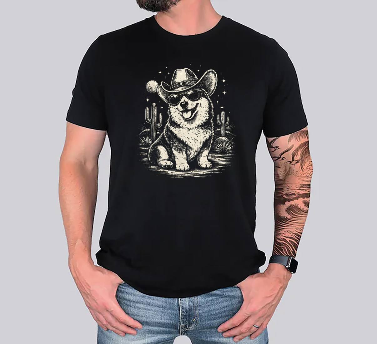 Funny Cowboy Corgi Desert Moon T-Shirt Western Dog Humor Graphic For Mens