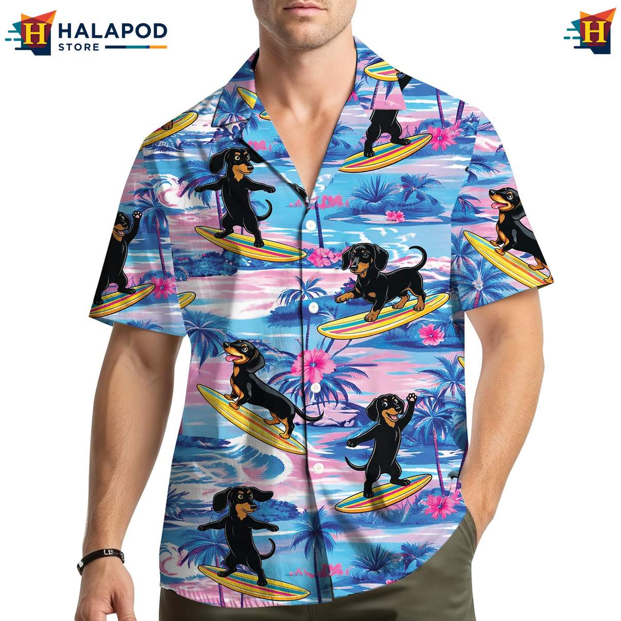 Funny Dachshund Hawaiian Shirt, Vibrant Summer Design With Palm Trees And Flowers