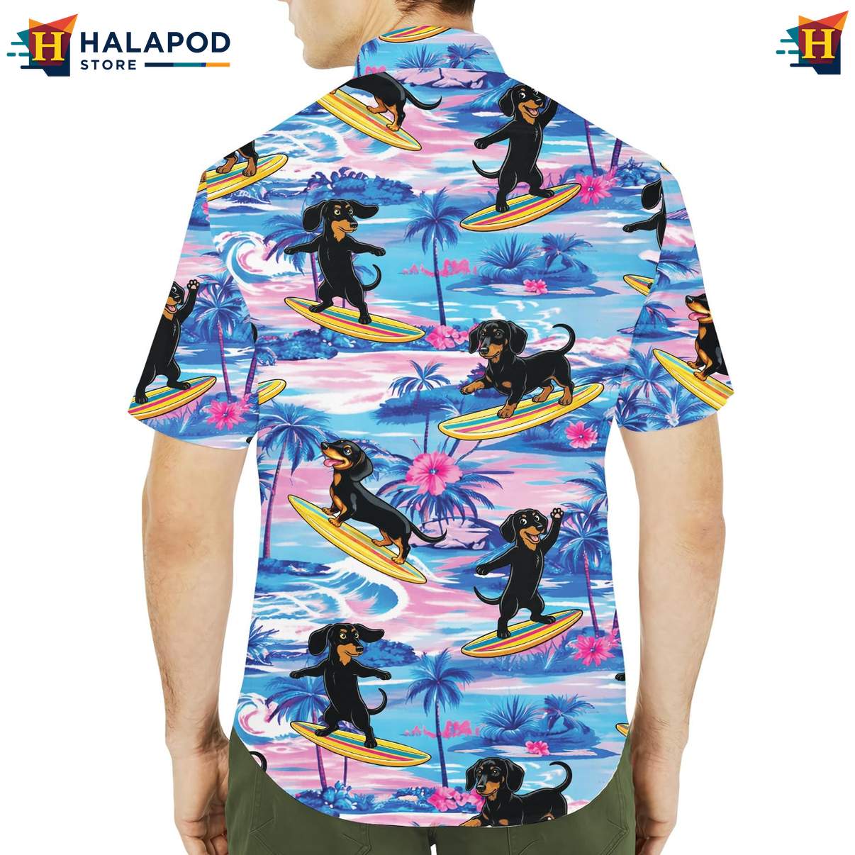 Funny Dachshund Short-sleeve button-up shirt, Vibrant Summer Design With Palm Trees And Flowers
