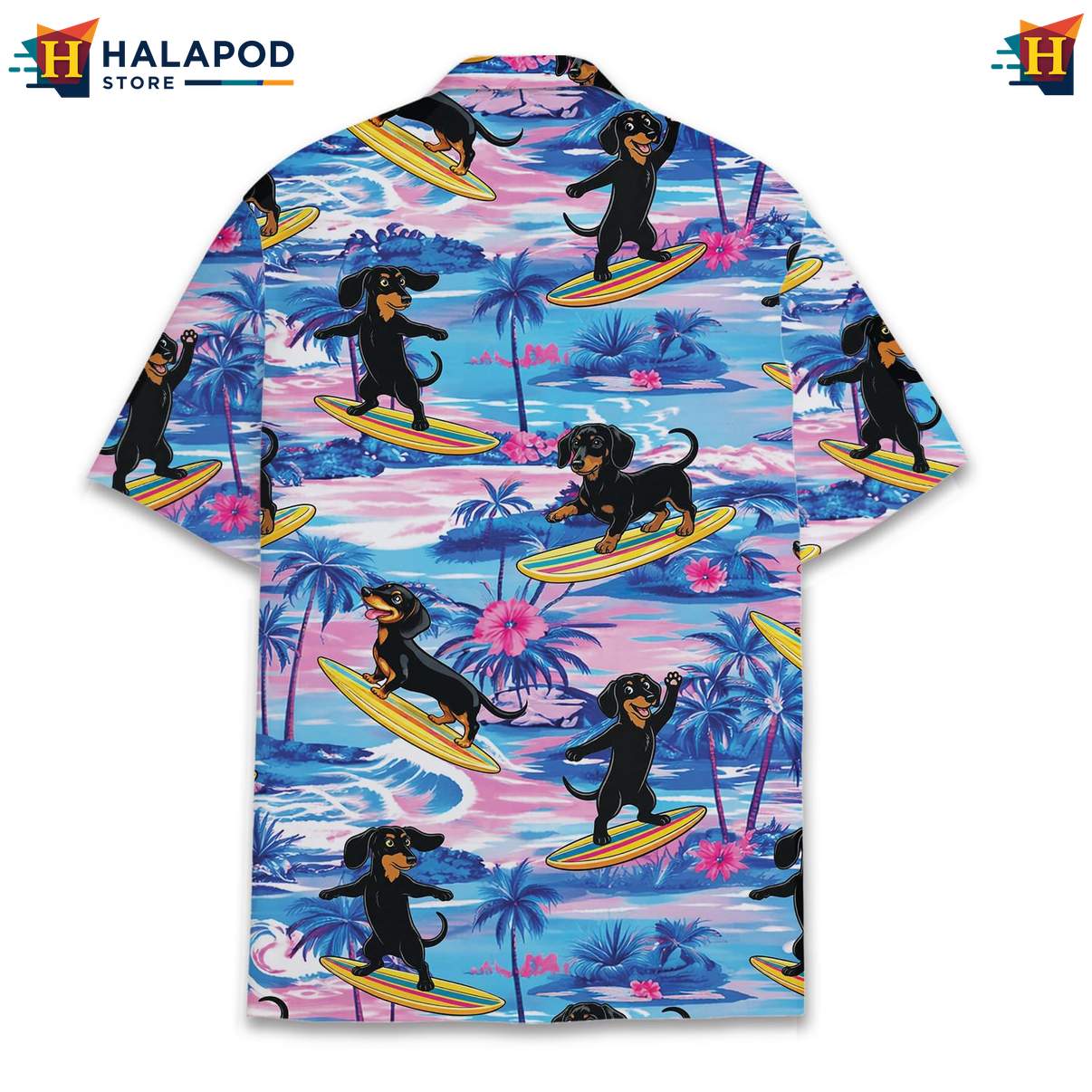 Funny Dachshund Short-sleeve button-up shirt, Vibrant Summer Design With Palm Trees And Flowers