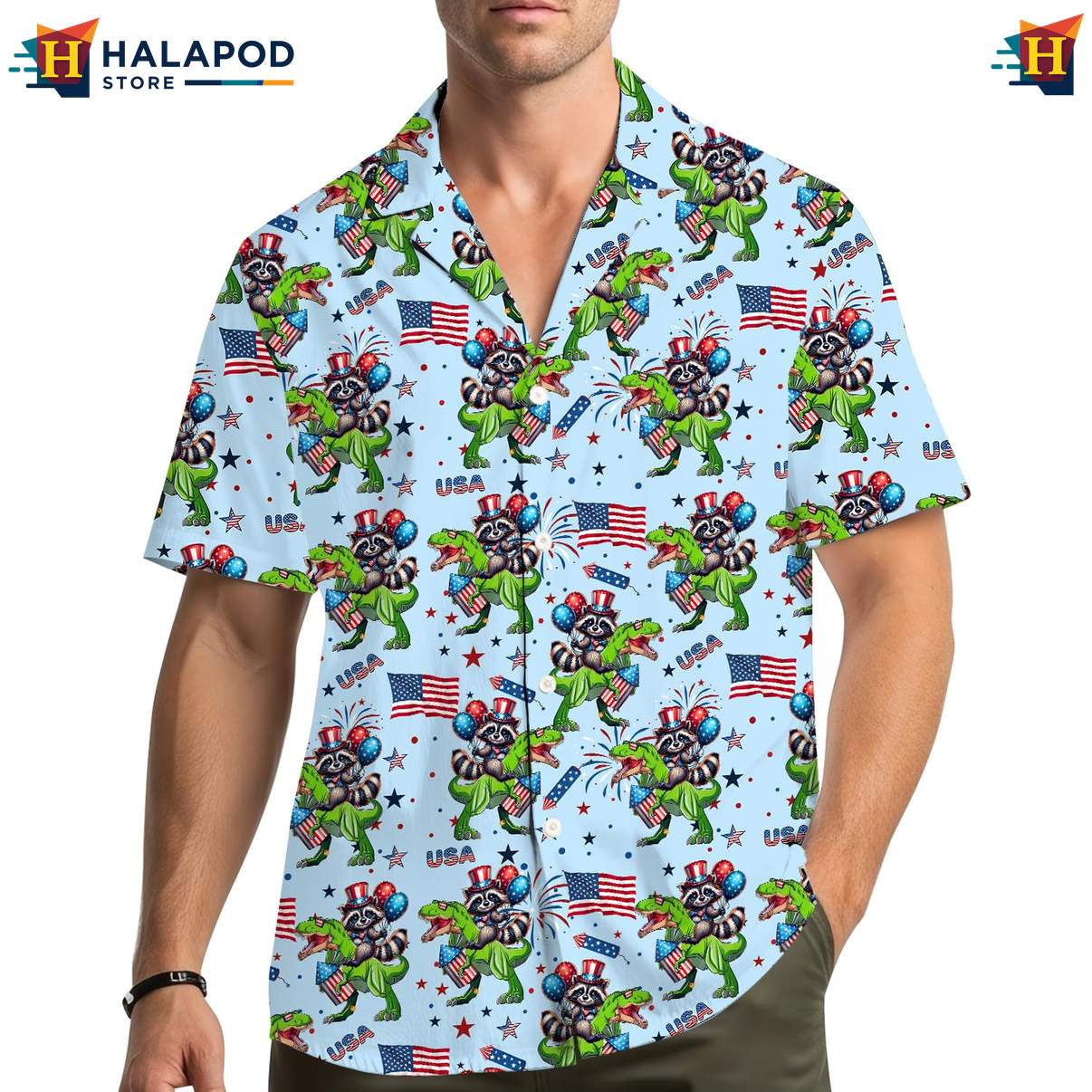 Funny Dino Raccoon Aloha Shirt, Usa Flag Patriotic Button Down Shirt For 4th Of July