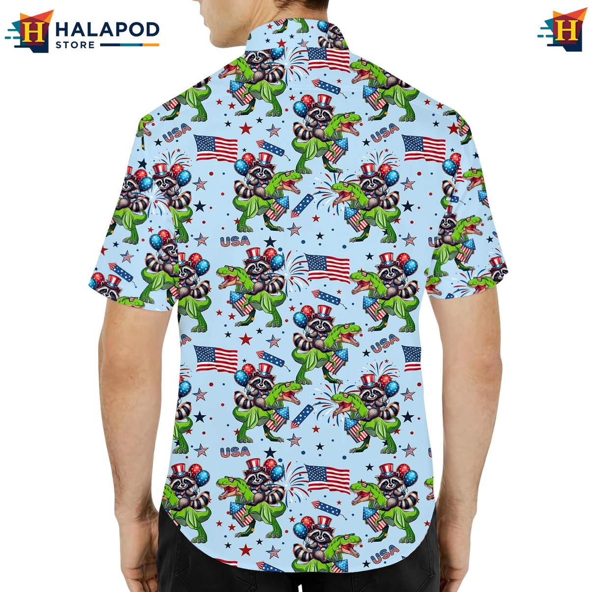 Funny Dino Raccoon Aloha Tee Shirt, Usa Flag Patriotic Button Down Shirt For 4th Of July