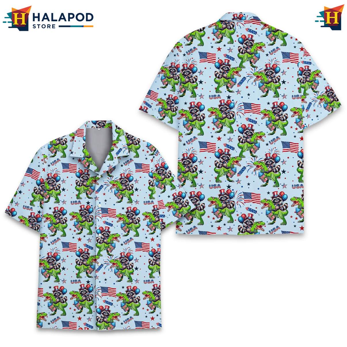 Funny Dino Raccoon Aloha T-Shirt, Usa Flag Patriotic Button Down Shirt For 4th Of July