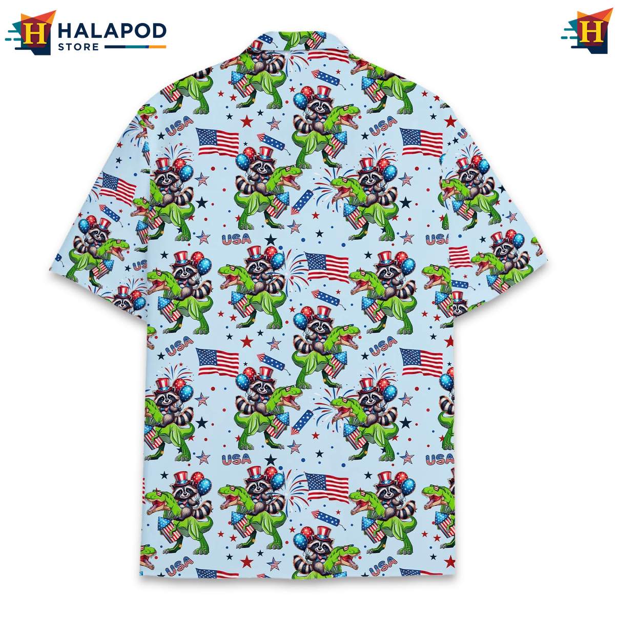 Funny Dino Raccoon Aloha Tee, Usa Flag Patriotic Button Down Shirt For 4th Of July