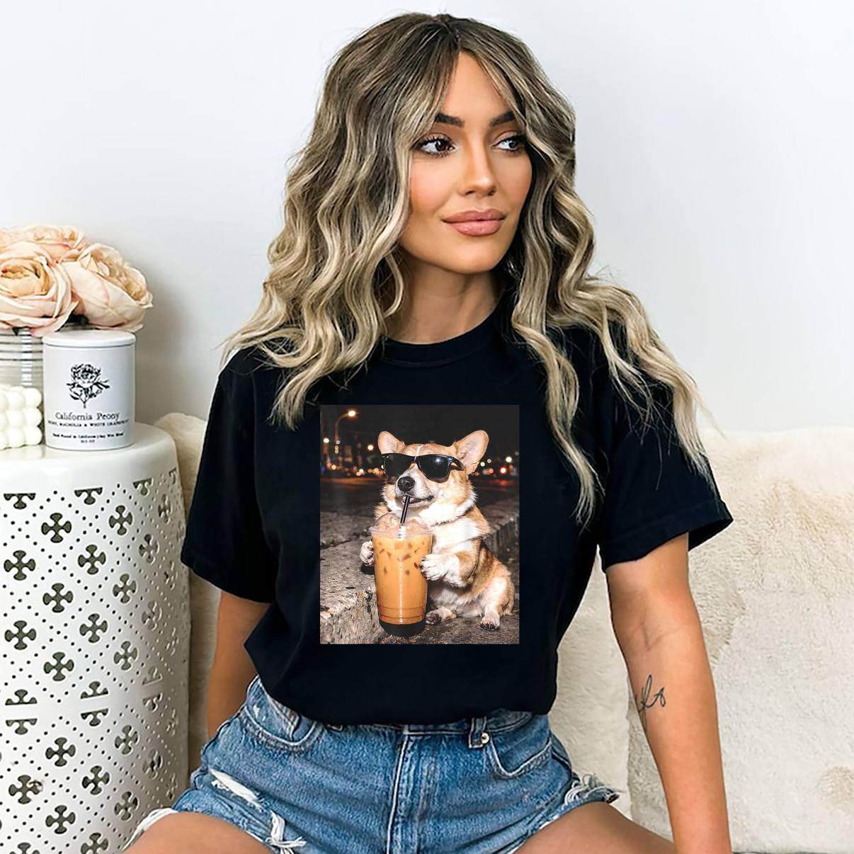 Funny Dog Meme Iced Coffee Shirt Corgi Drinking Graphic Apparel For Mens