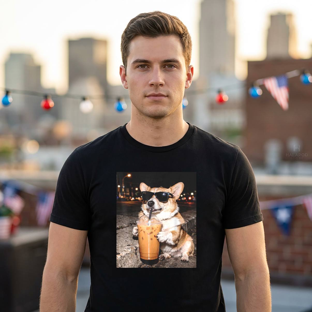 Funny Dog Meme Iced Coffee Tee Shirt Corgi Drinking Graphic Apparel For Mens