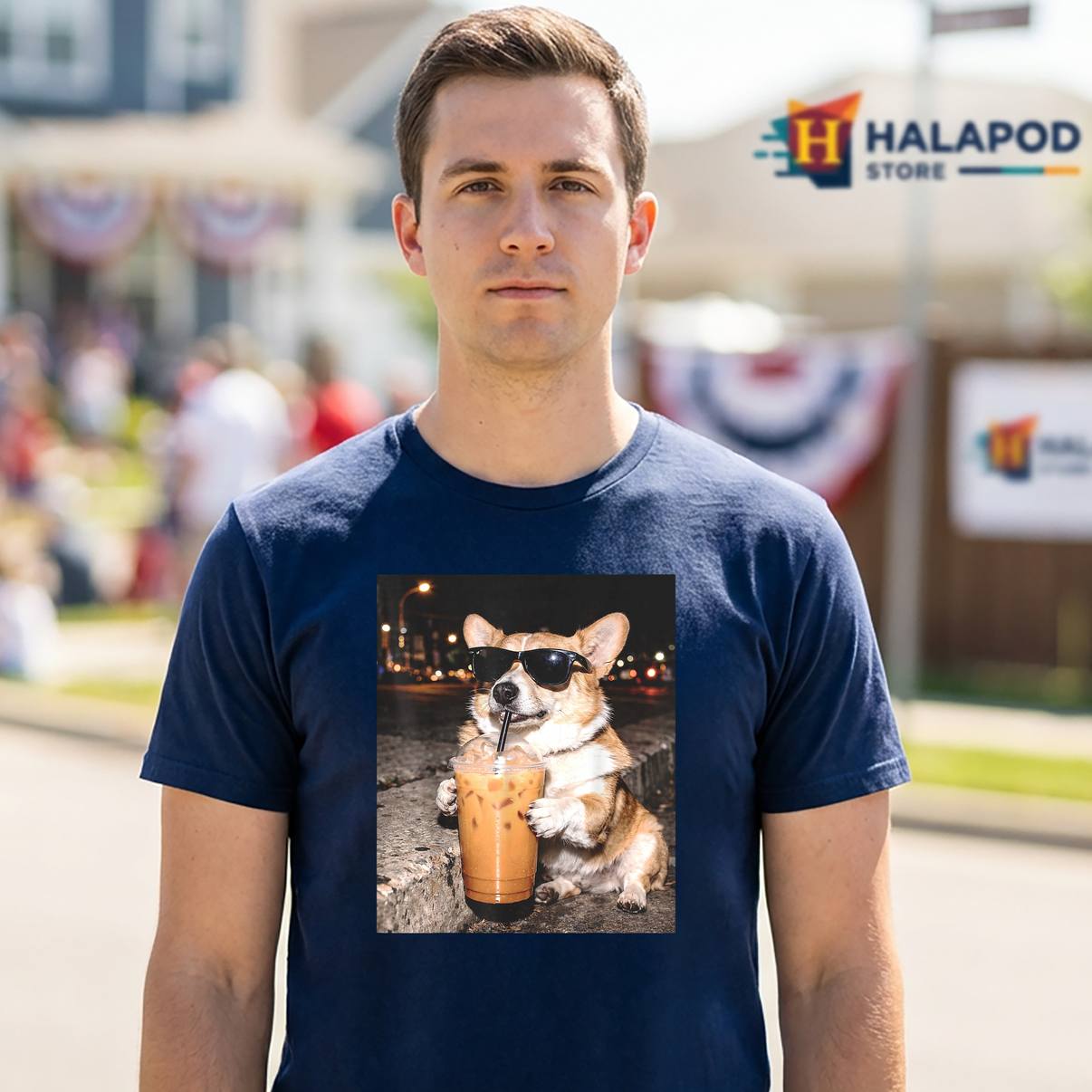 Funny Dog Meme Iced Coffee T-Shirt Corgi Drinking Graphic Apparel For Mens