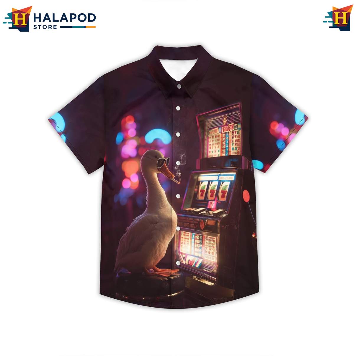 Funny Duck Mens Retro Short-sleeve button-up shirt Graphic Aloha Summer Vacation Tops
