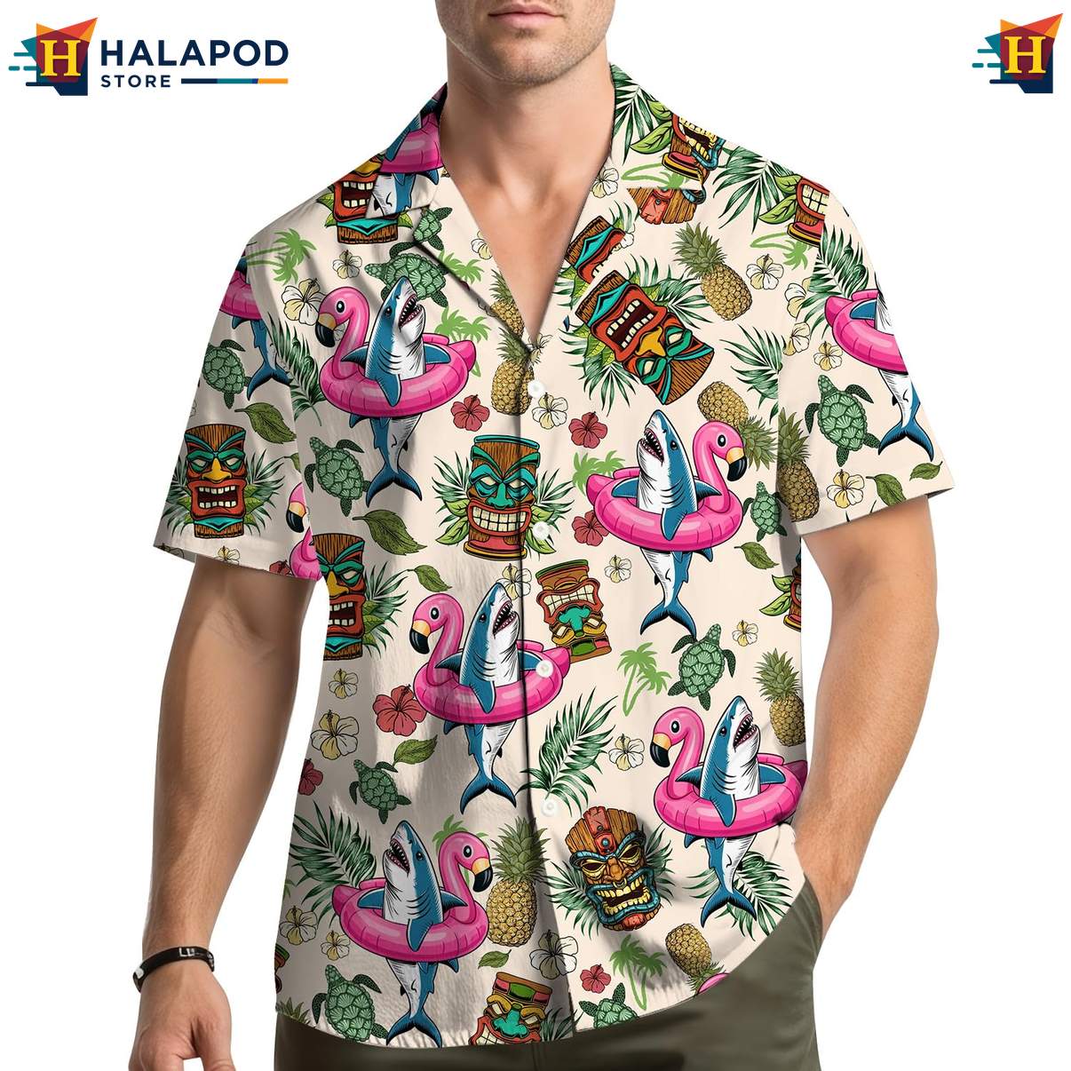 Funny Flamingo Aloha Shirt, Vibrant Tropical Shirt With Pink Flamingos And Tiki Motifs