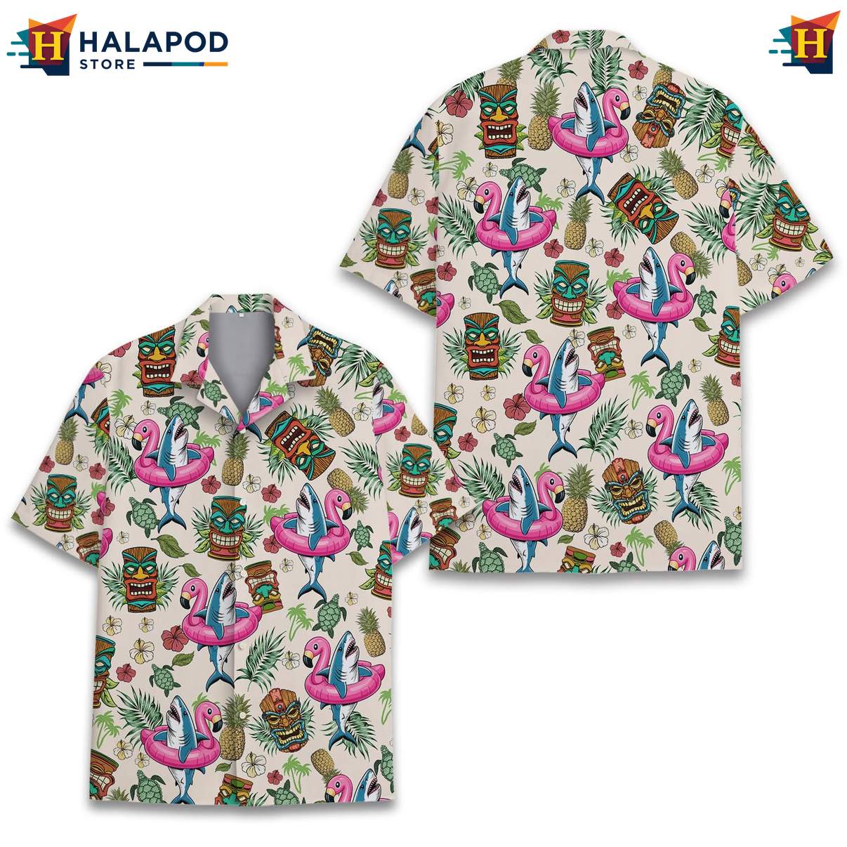 Funny Flamingo Aloha T-Shirt, Vibrant Tropical Shirt With Pink Flamingos And Tiki Motifs