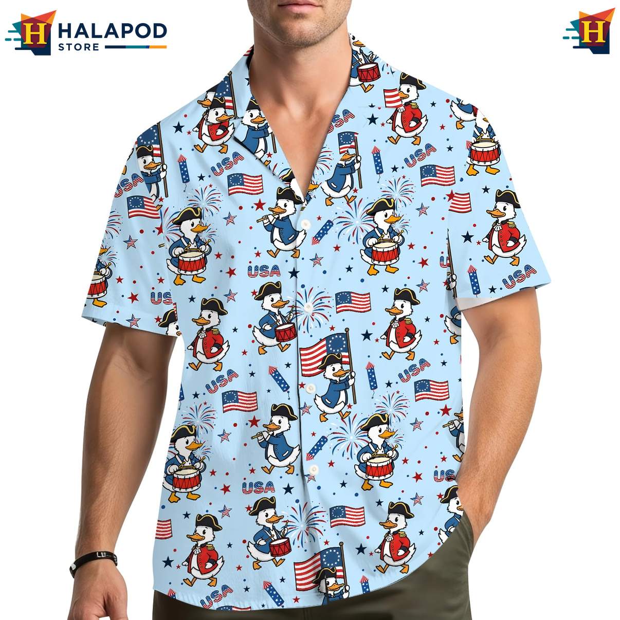 Funny Goose Aloha Shirt, Usa Flag Patriotic Button Down Shirt For 4th Of July