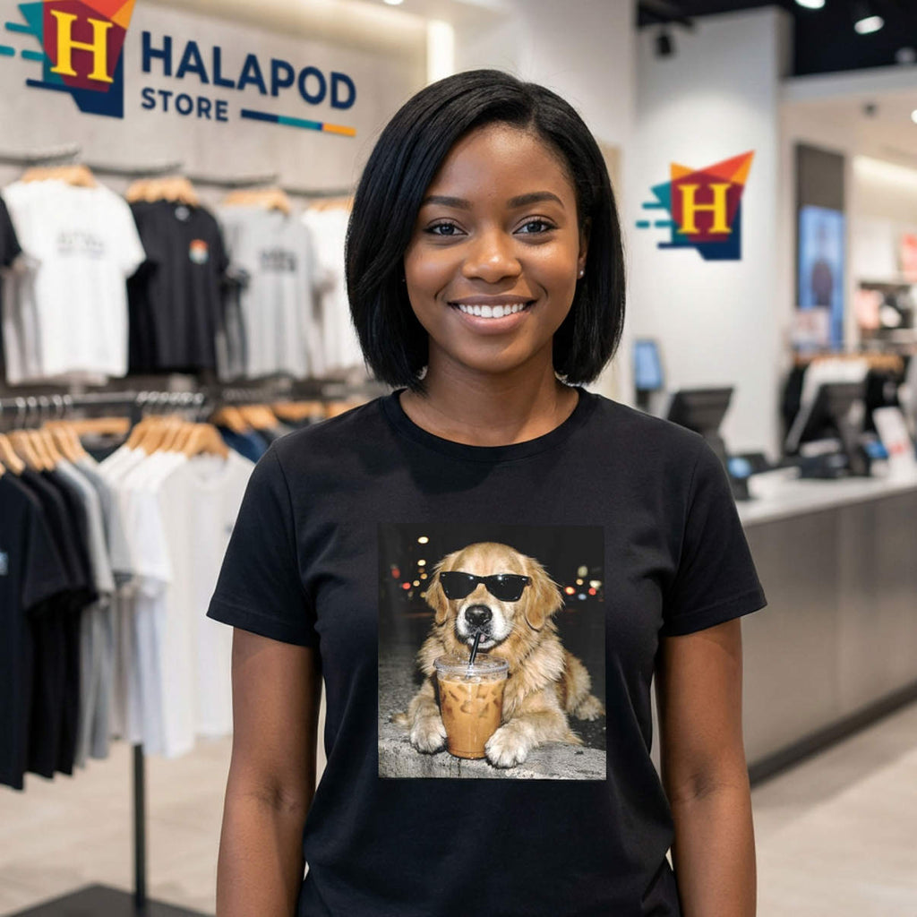 Funny Iced Coffee Retriever Shirt Golden Drinking Dog Meme Casual Graphic