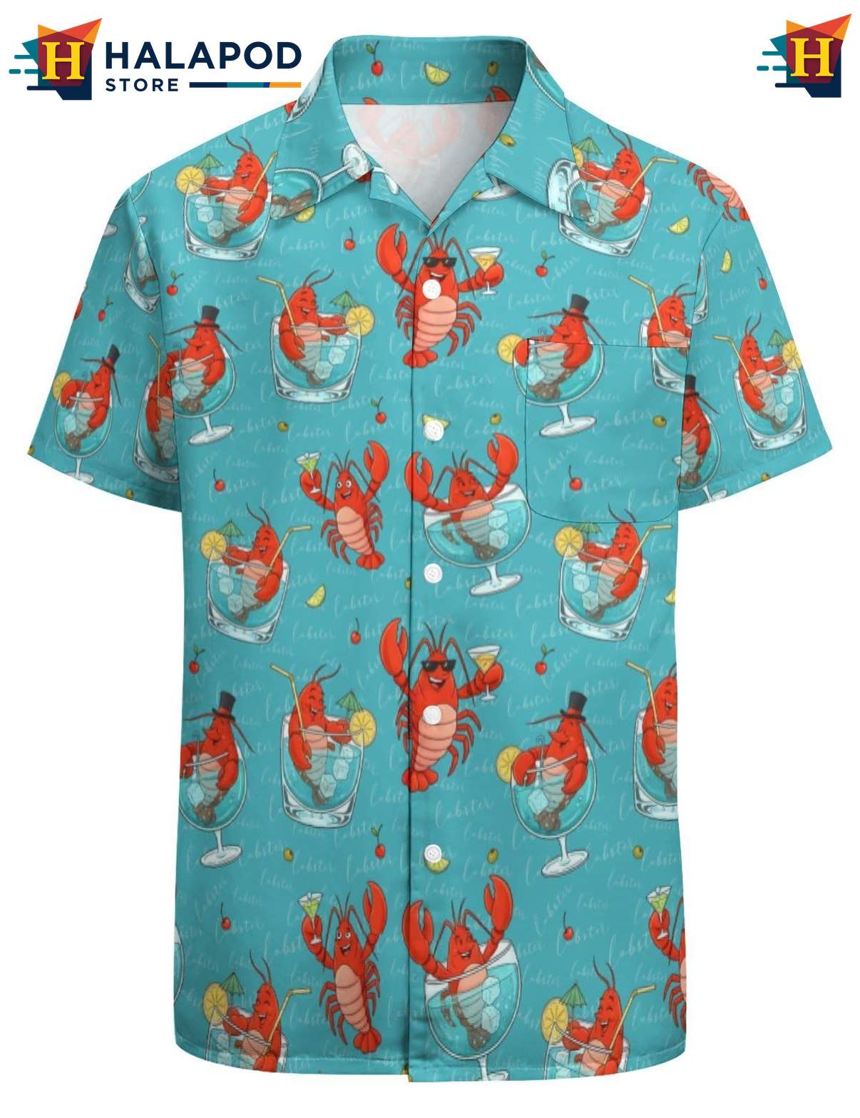 Funny Lobster Tropical Shirt, Vibrant Turquoise Shirt With Playful Seafood Design