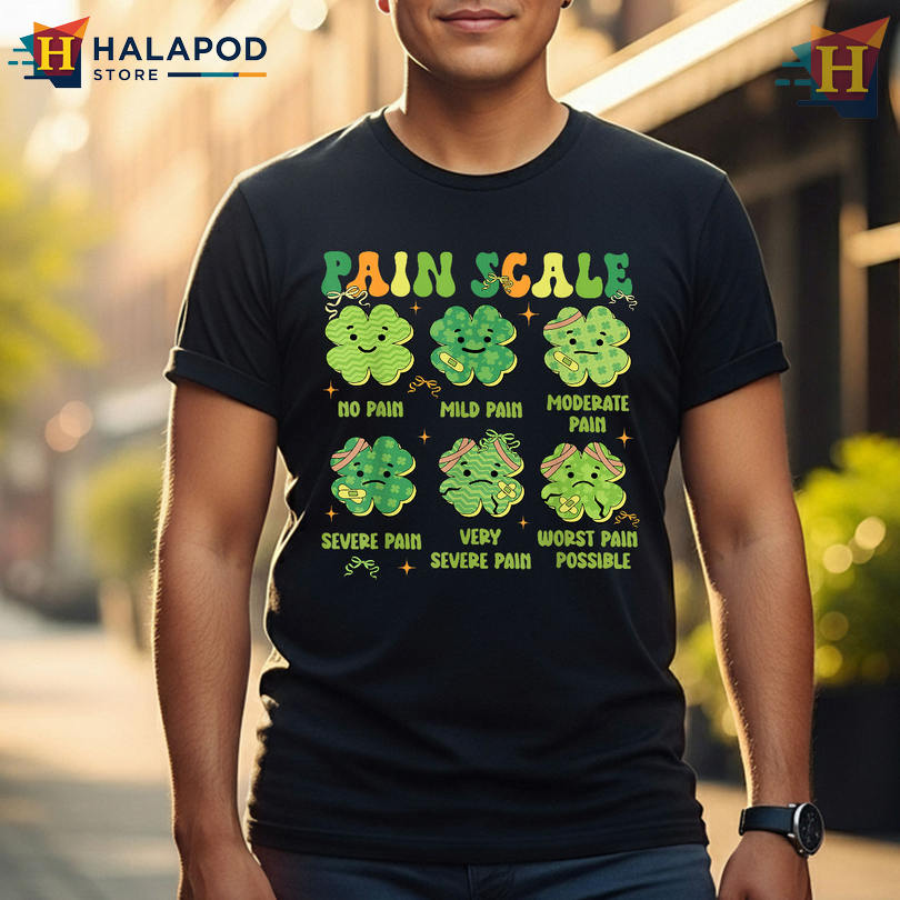 Funny Pain Scale Shamrock Nurse Meme Cute St Patricks Day Womens Shirts