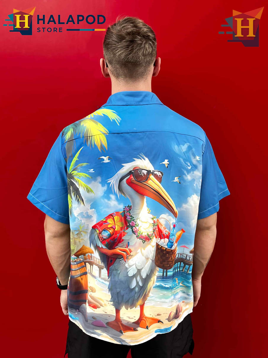 Funny Pelican Hawaiian Shirt Bold Graphic Tropical Casual Beach Mens Shirt